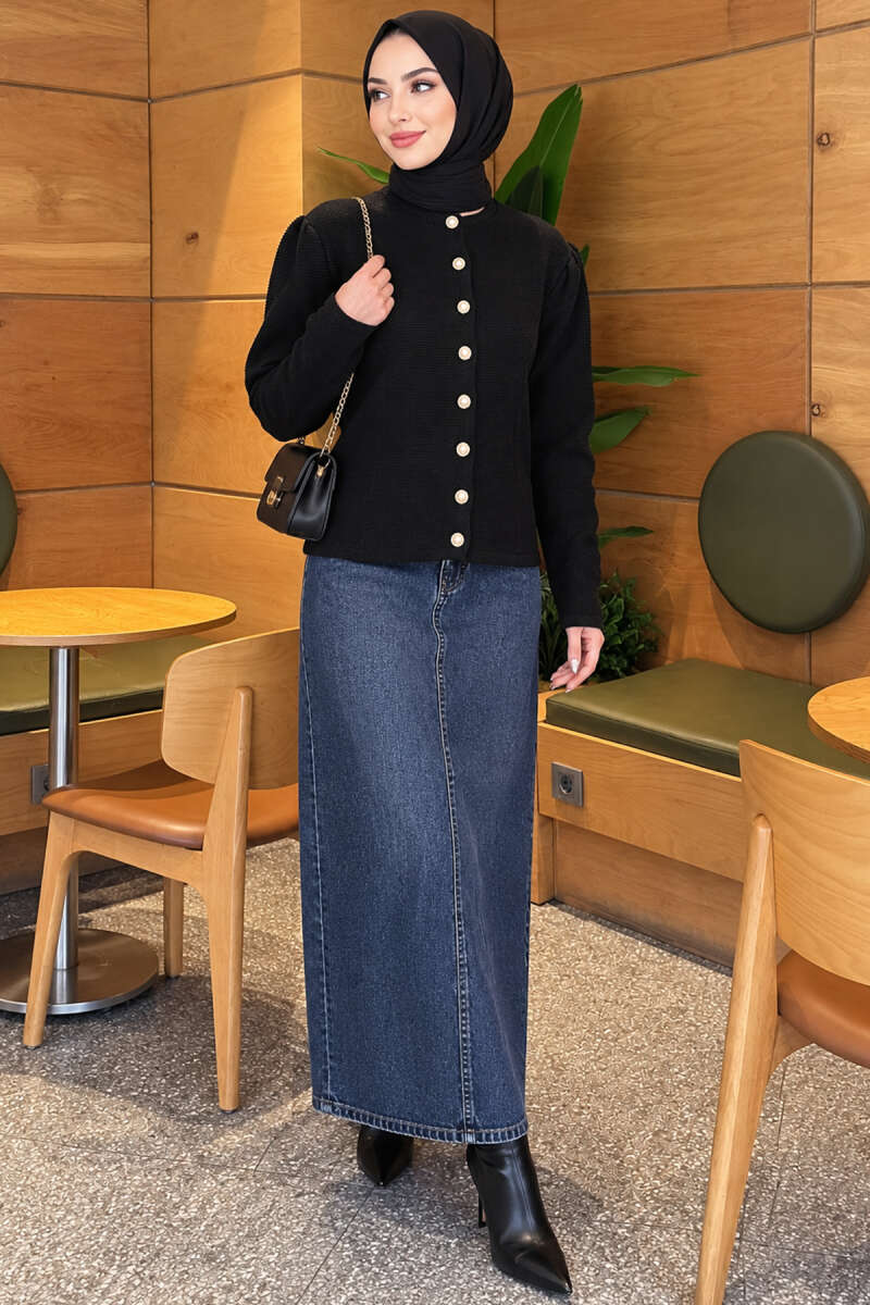 Knit Cardigan with Pearl Buttons - Black