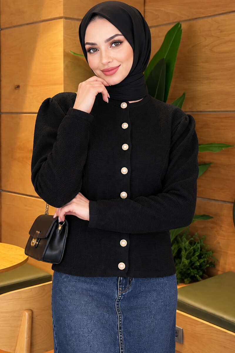 Knit Cardigan with Pearl Buttons - Black