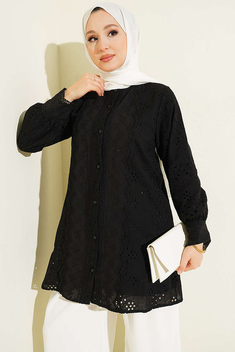 Lace Broderie Shirt with Pearl Buttons - Black