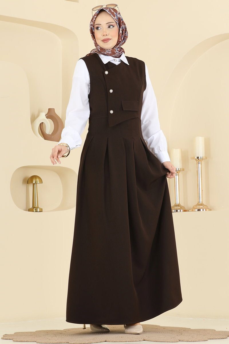 Double Knit Vest Set with Pearl Buttons - Brown