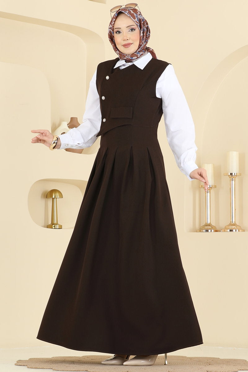 Double Knit Vest Set with Pearl Buttons - Brown