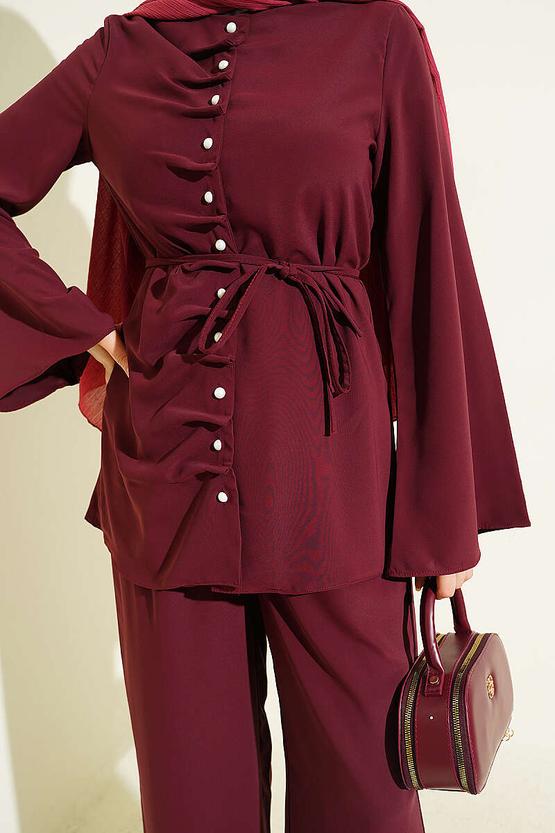 Dart Two-Piece Set with Pearl Buttons - Burgundy
