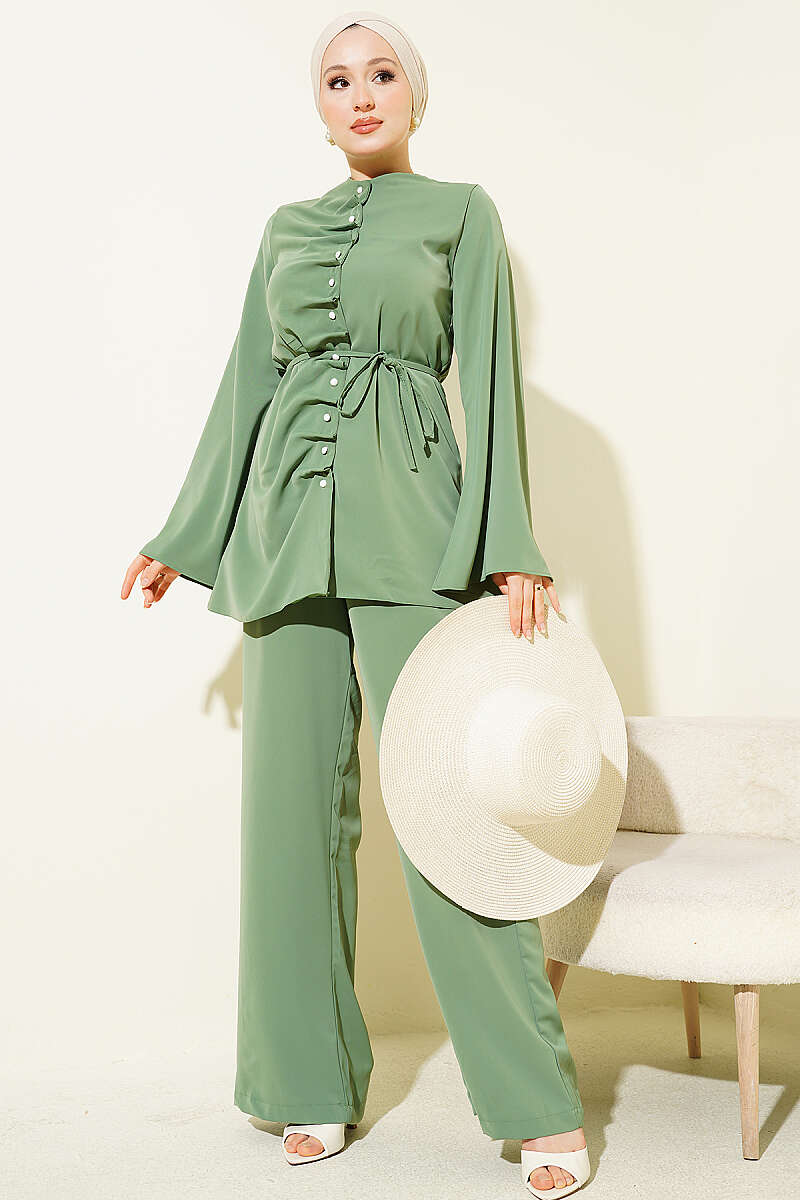 Dart Two-Piece Set with Pearl Buttons - Khaki