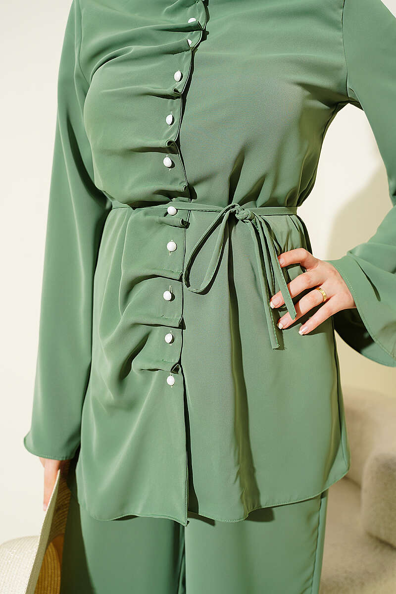 Dart Two-Piece Set with Pearl Buttons - Khaki