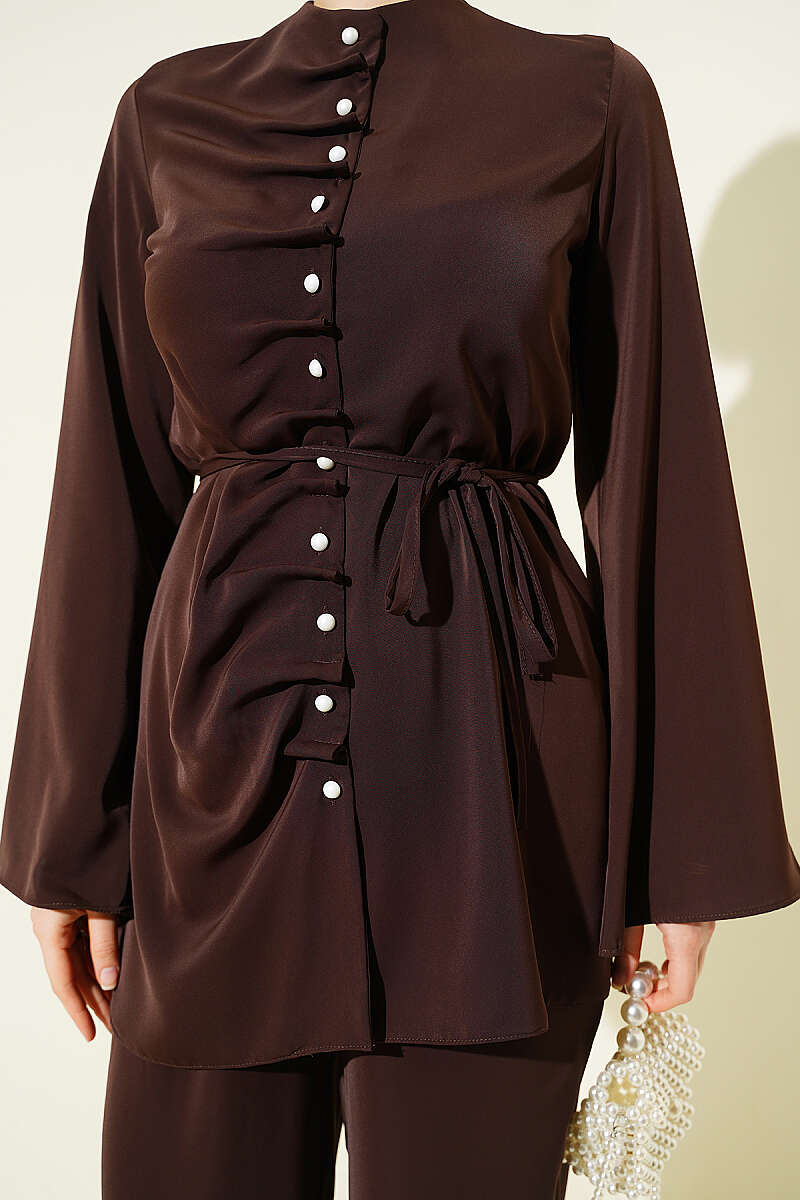 Dart Two-Piece Set with Pearl Buttons - Brown
