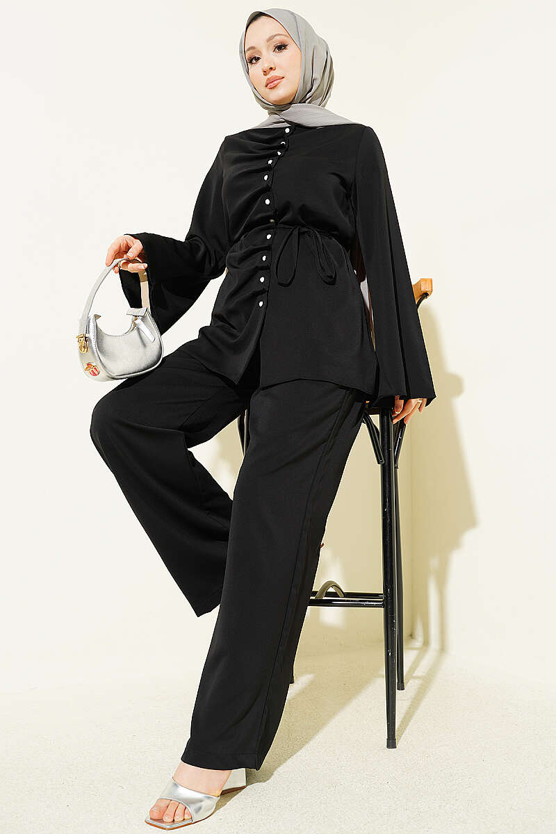 Dart Two-Piece Set with Pearl Buttons - Black