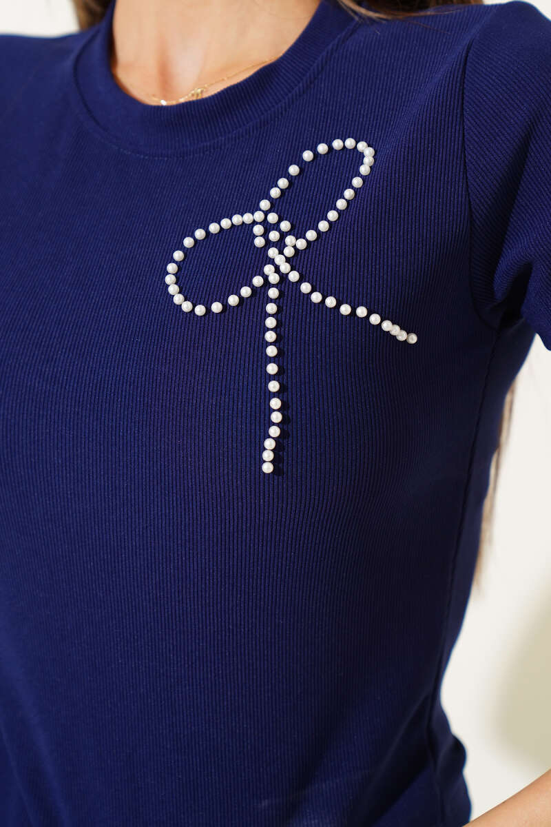 Short-Sleeve Crop Top with Pearl Bow - Navy