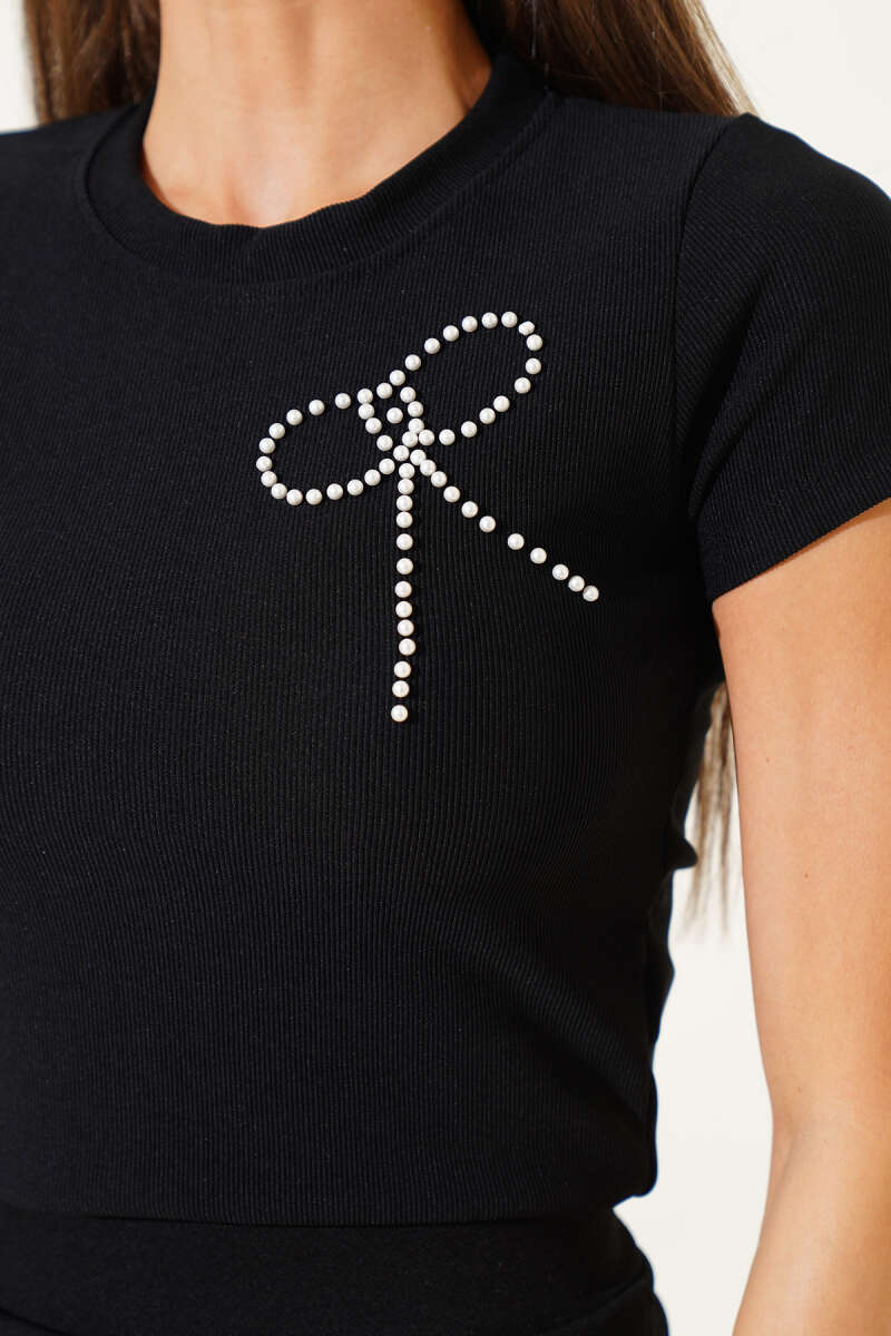 Short-Sleeve Crop Top with Pearl Bow - Black