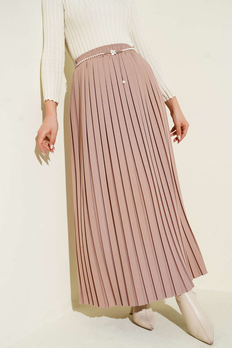 Pleated Skirt with Pearl Belt - Beige