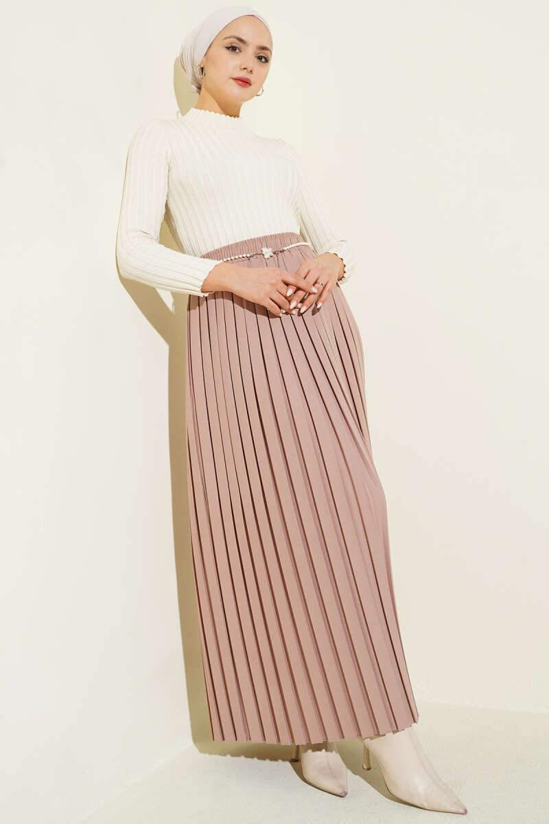 Pleated Skirt with Pearl Belt - Beige