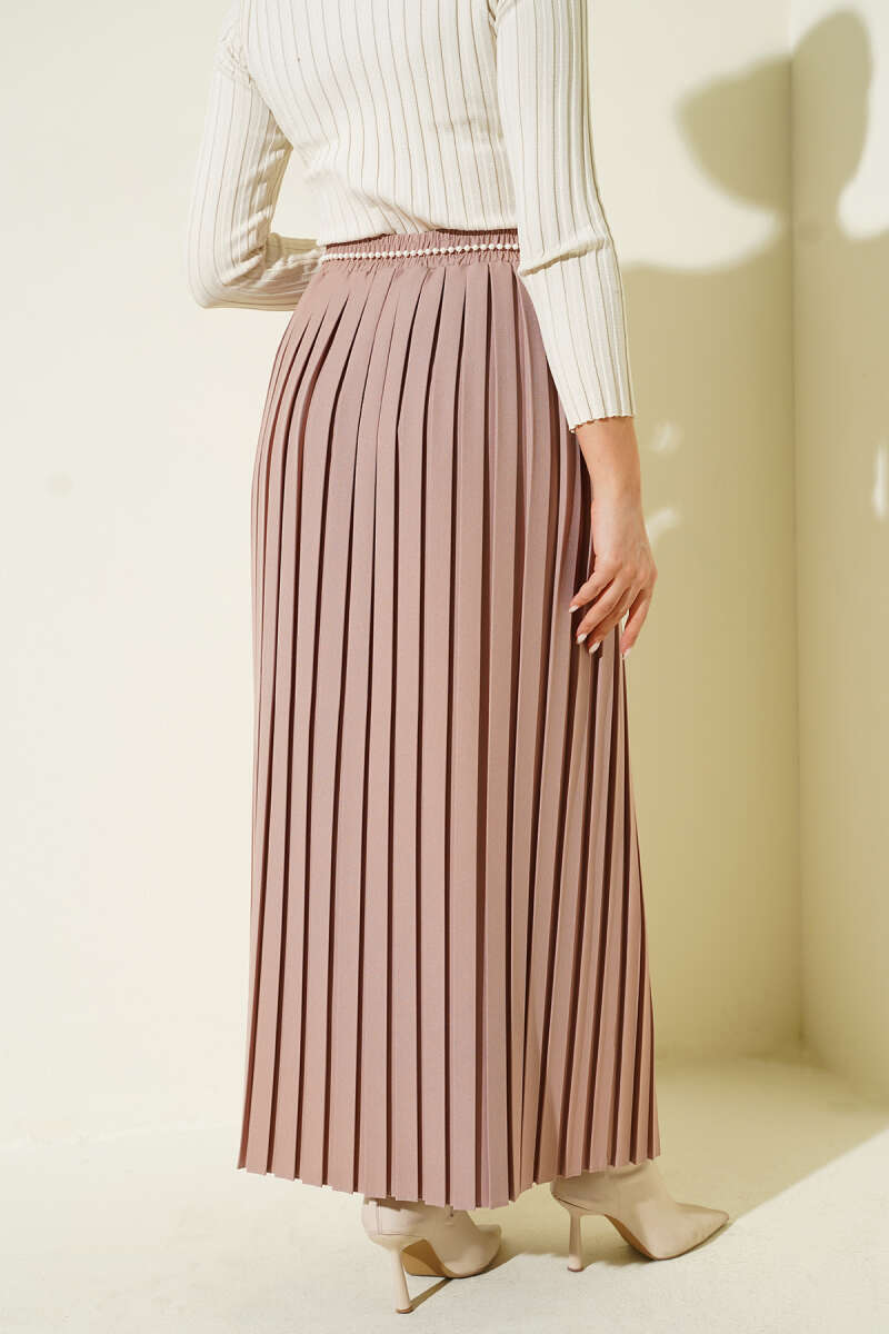 Pleated Skirt with Pearl Belt - Beige