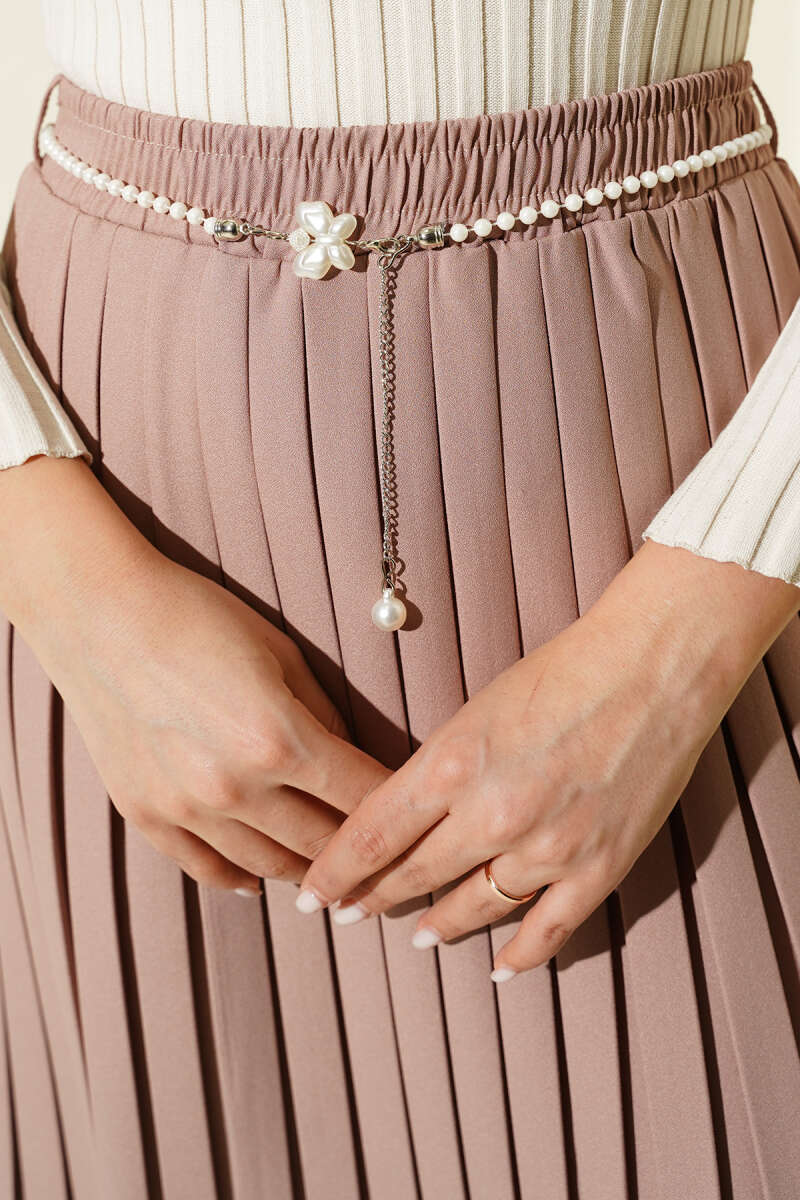 Pleated Skirt with Pearl Belt - Beige
