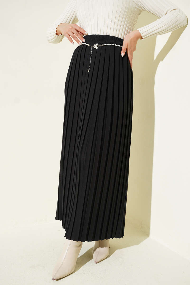 Pleated Skirt with Pearl Belt - Black