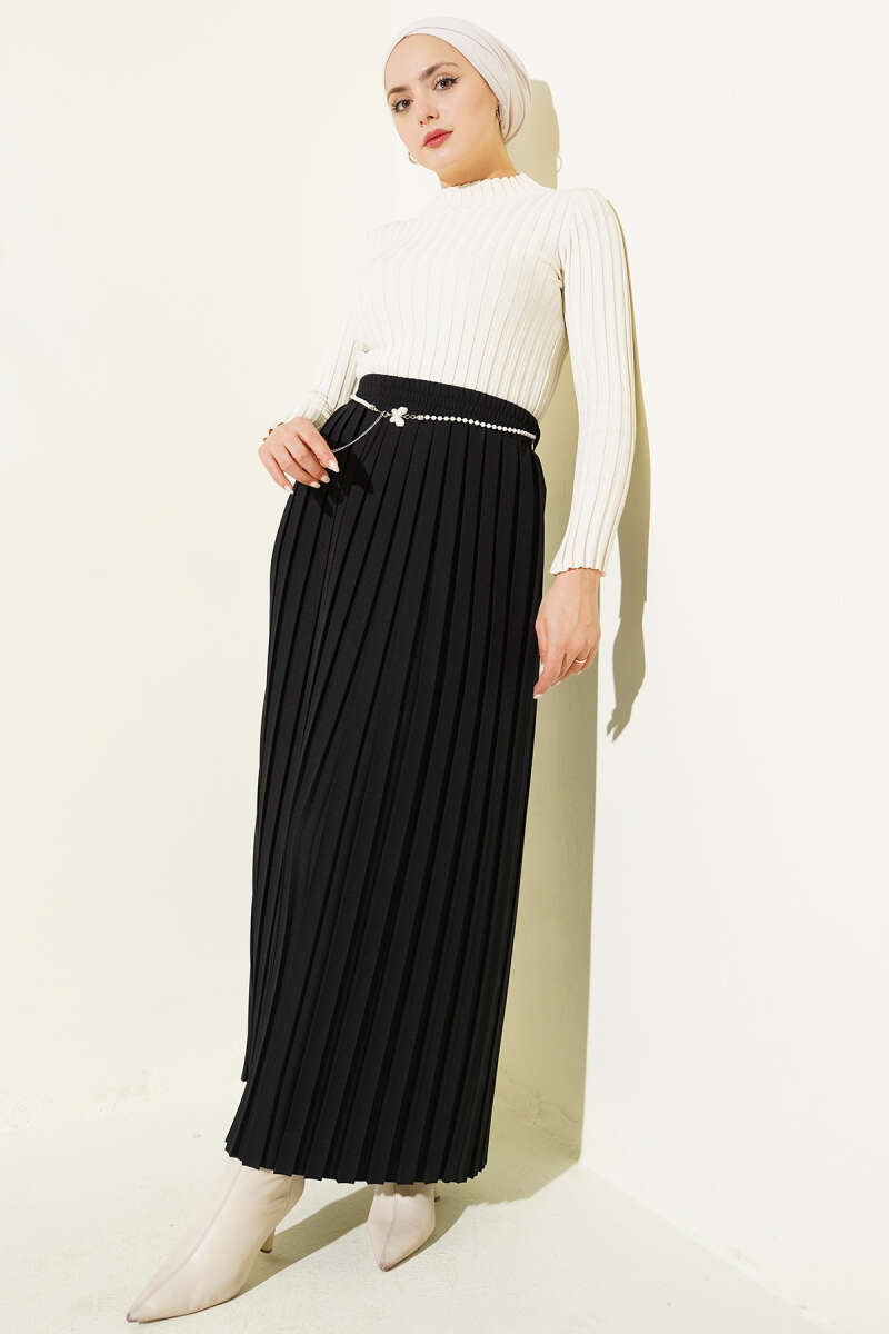 Pleated Skirt with Pearl Belt - Black