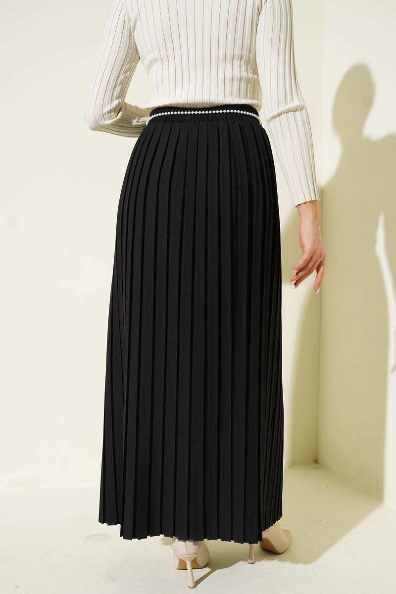 Pleated Skirt with Pearl Belt - Black