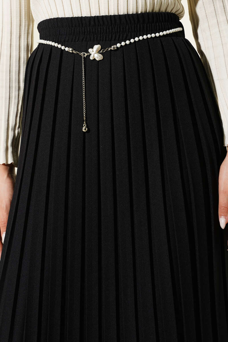 Pleated Skirt with Pearl Belt - Black
