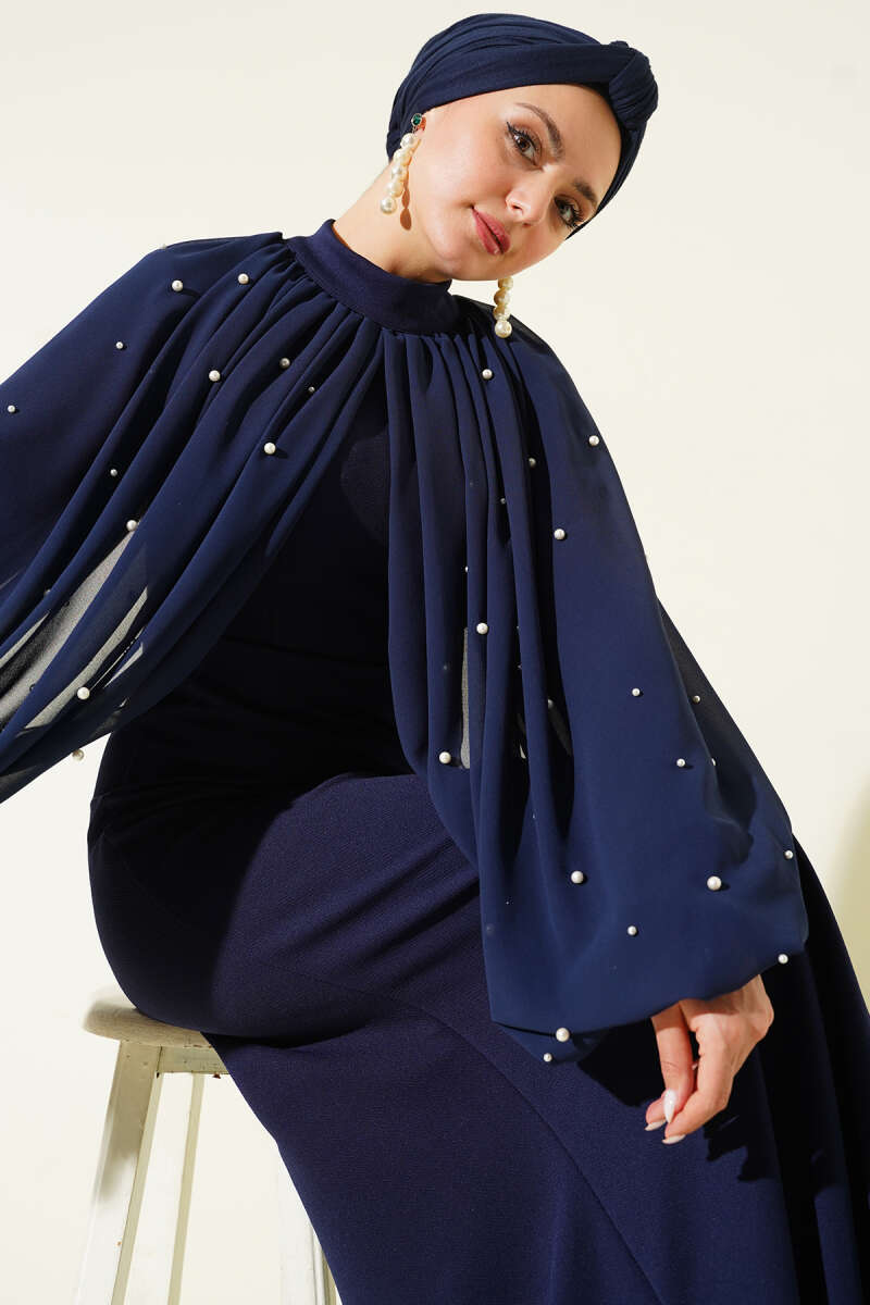 Evening Dress with Pearl Cape - Navy