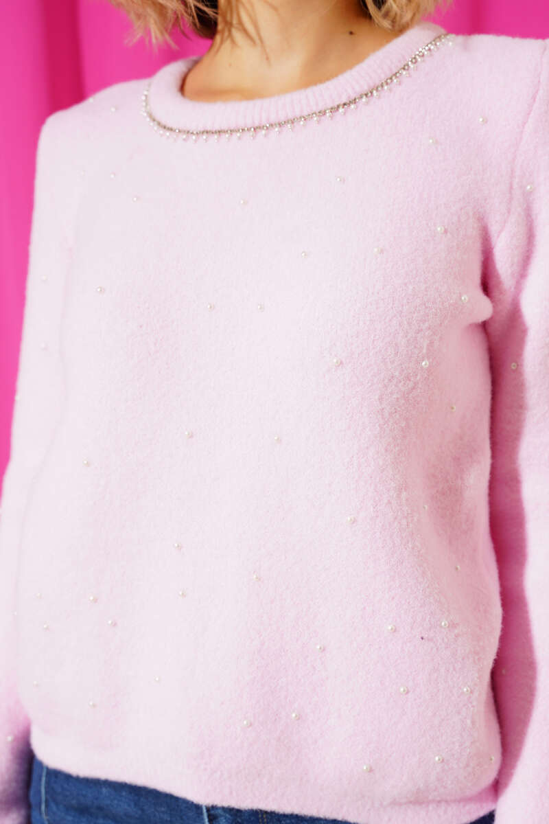Soft Sweater with Scattered Pearls - Pink