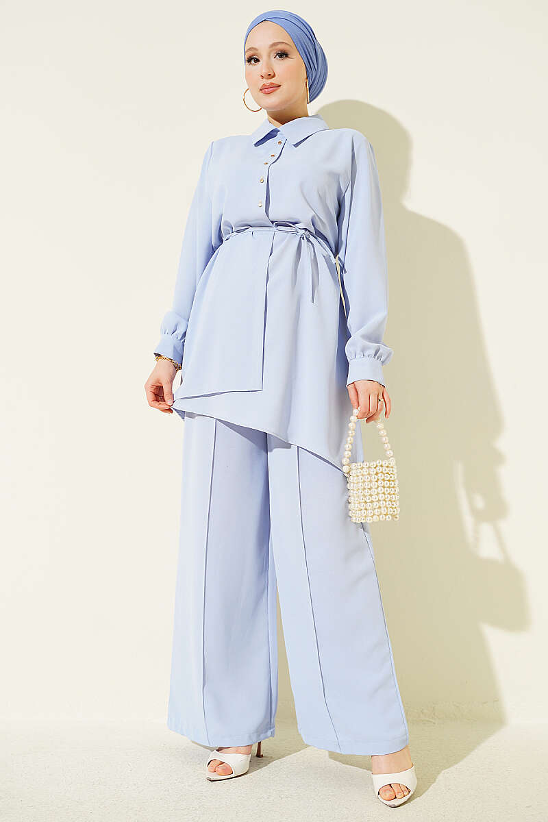 Panelled Two-Piece Set with Pearl Rows - Blue