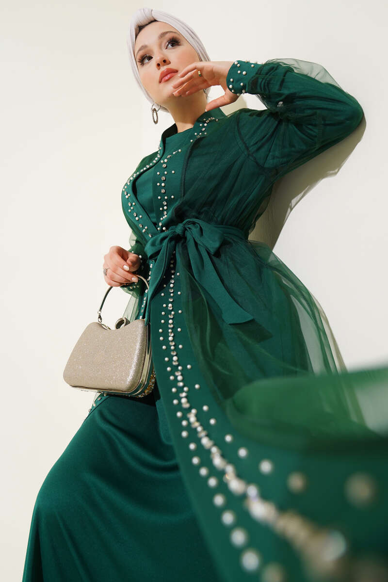 Pearl-Embellished Abaya - Green