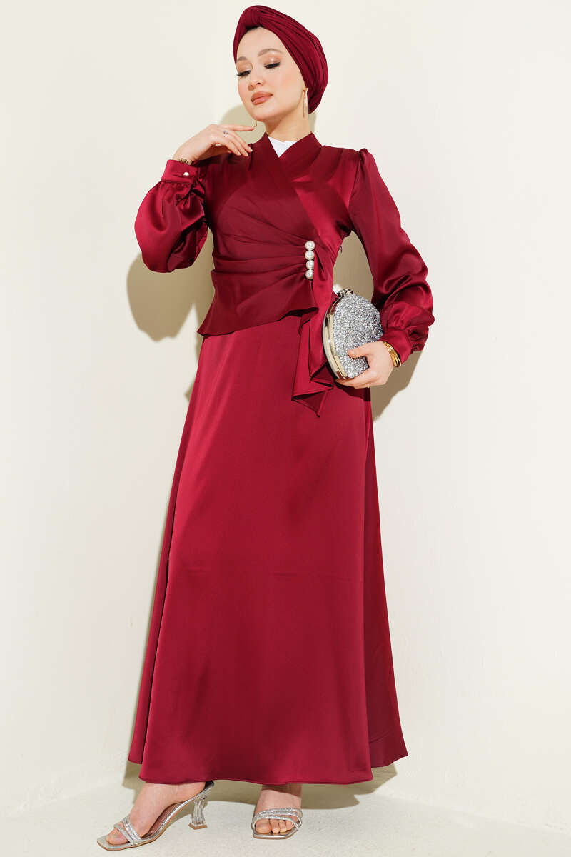 Draped Satin Evening Dress with Pearls - Burgundy