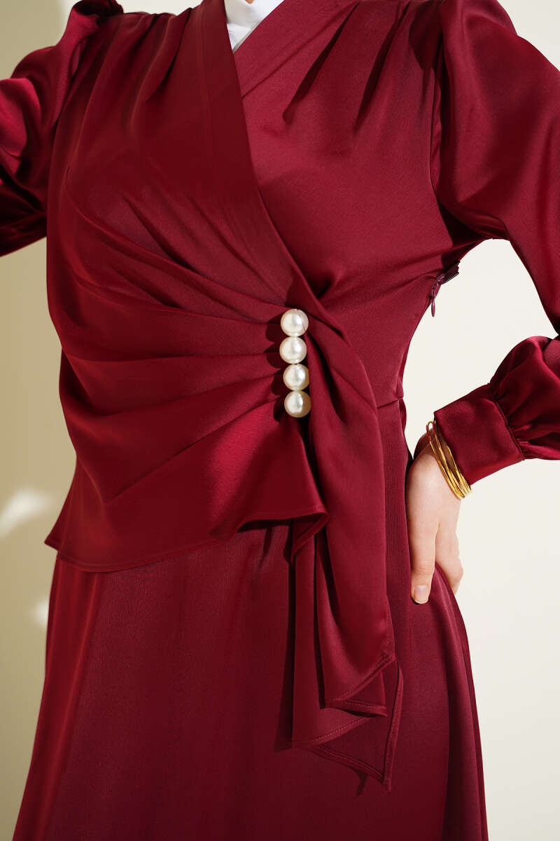 Draped Satin Evening Dress with Pearls - Burgundy