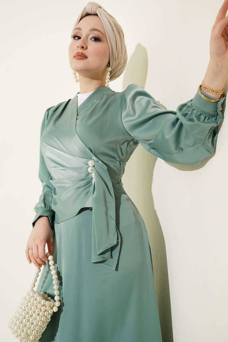 Draped Satin Evening Dress with Pearls - Almond Green