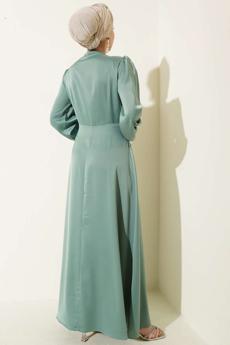 Draped Satin Evening Dress with Pearls - Almond Green