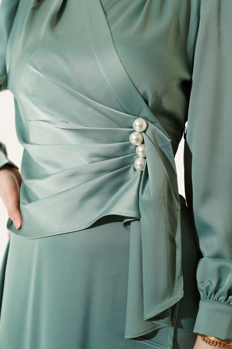 Draped Satin Evening Dress with Pearls - Almond Green