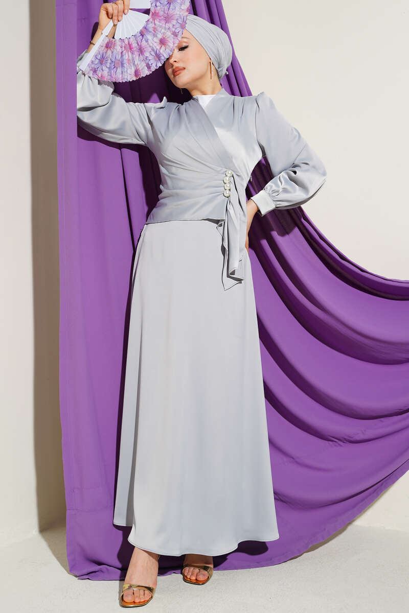 Draped Satin Evening Dress with Pearls - Grey