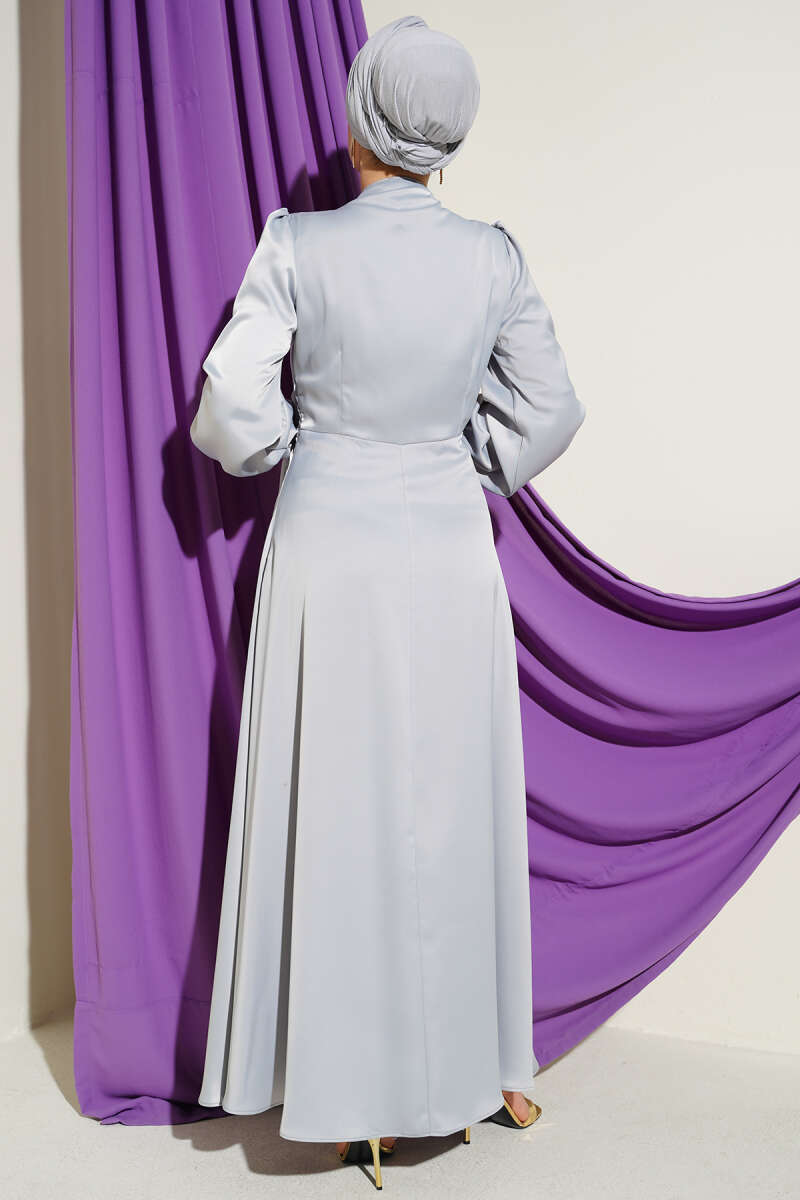 Draped Satin Evening Dress with Pearls - Grey