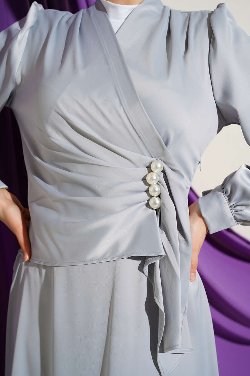 Draped Satin Evening Dress with Pearls - Grey