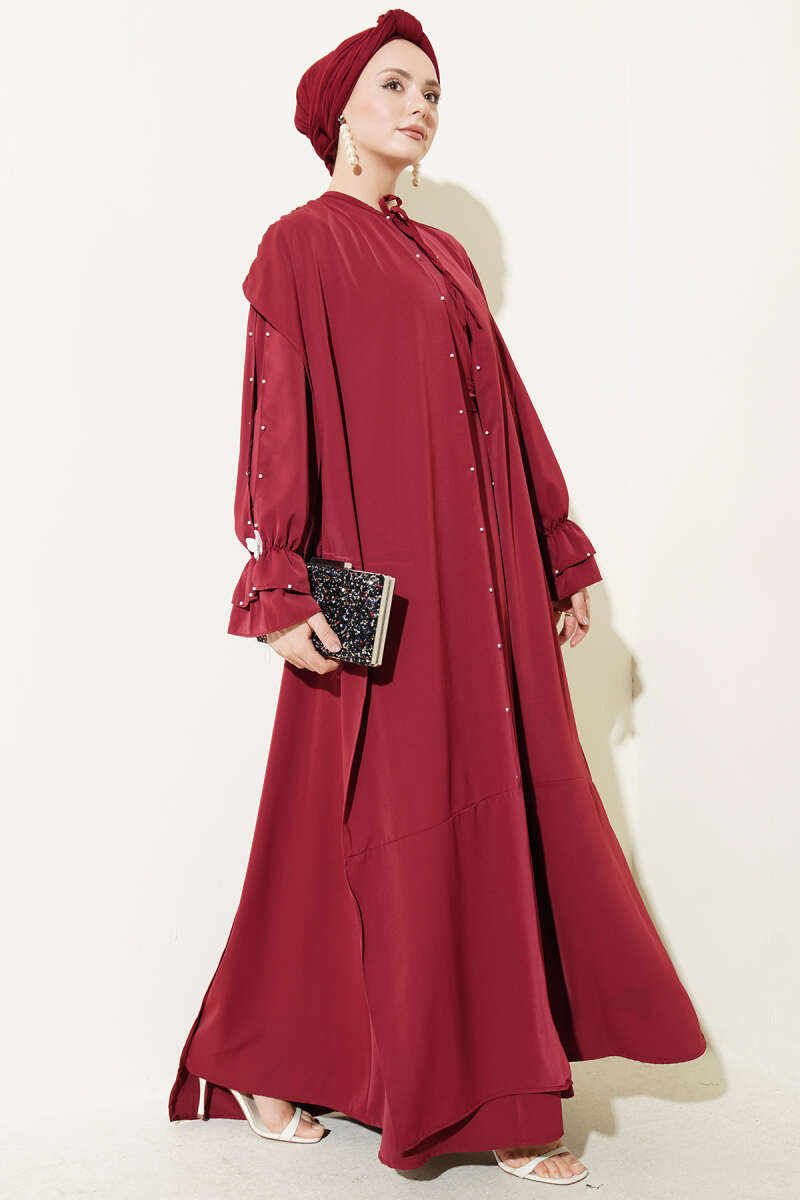Cape Dress with Pearl Butterfly Detail - Burgundy