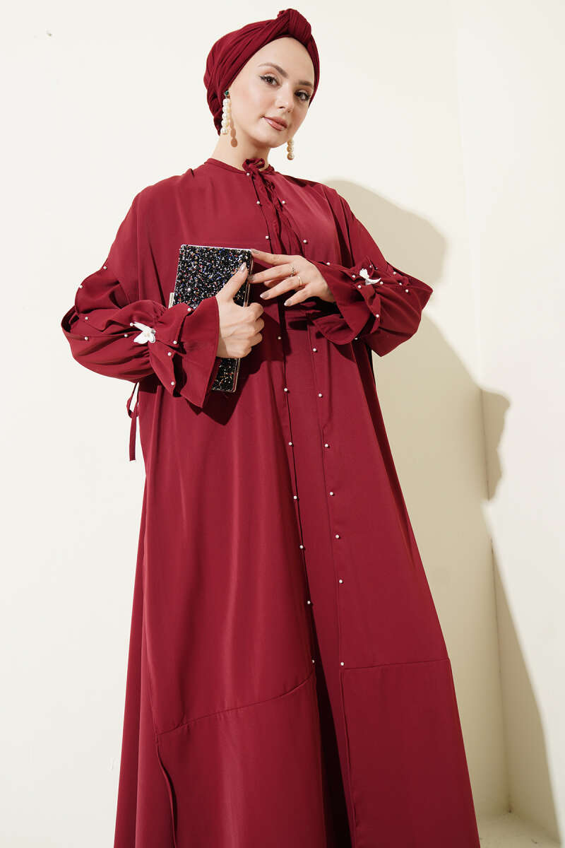 Cape Dress with Pearl Butterfly Detail - Burgundy