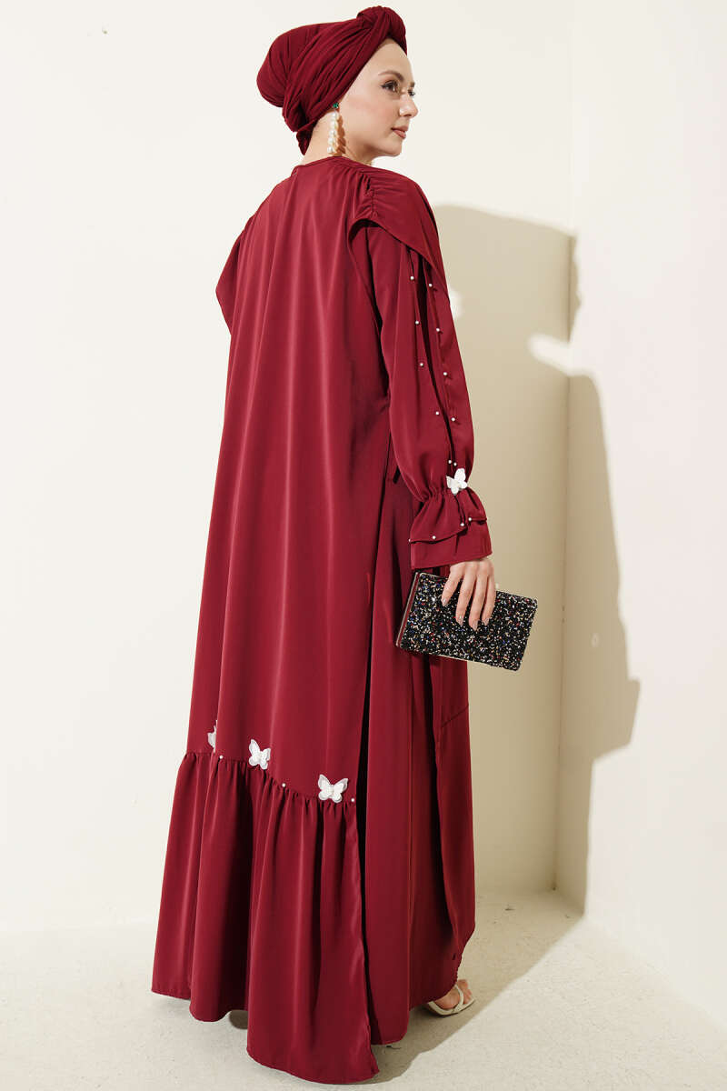Cape Dress with Pearl Butterfly Detail - Burgundy