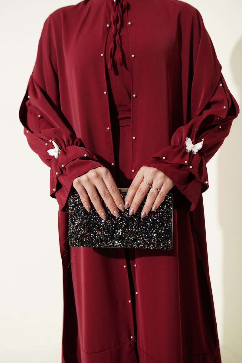 Cape Dress with Pearl Butterfly Detail - Burgundy