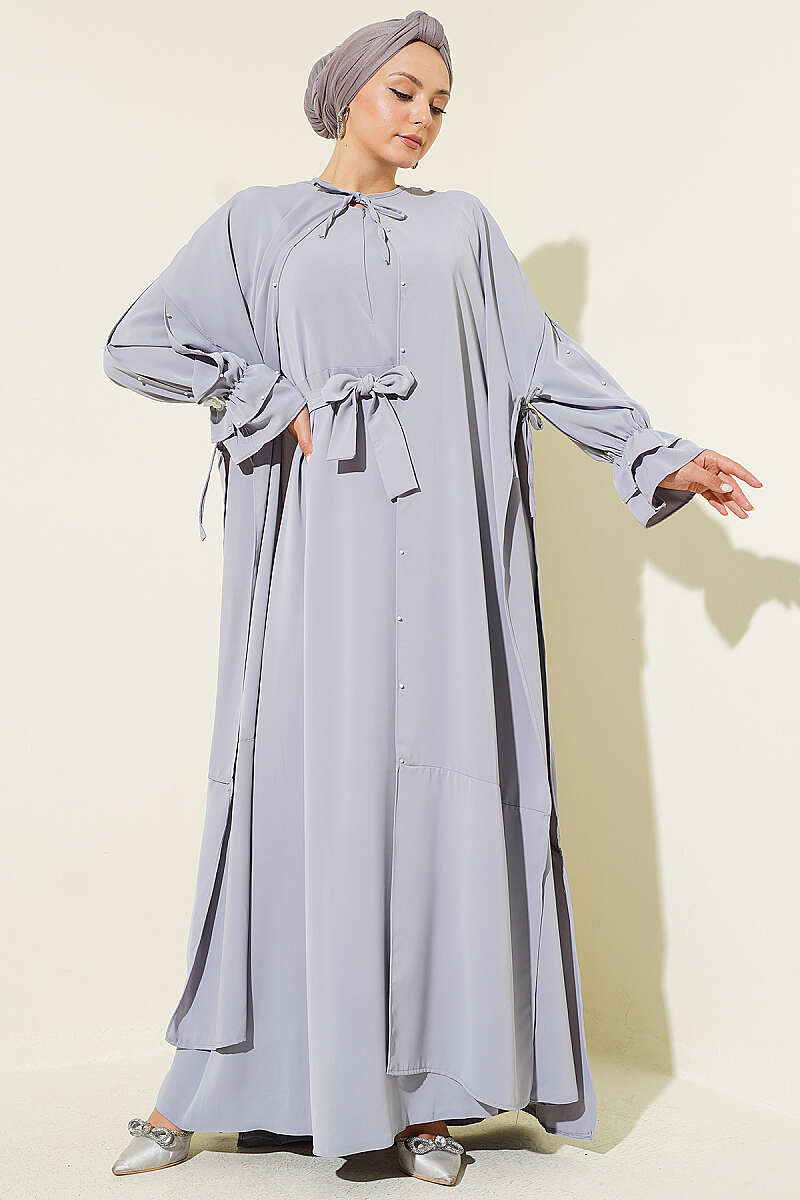Cape Dress with Pearl Butterfly Detail - Grey