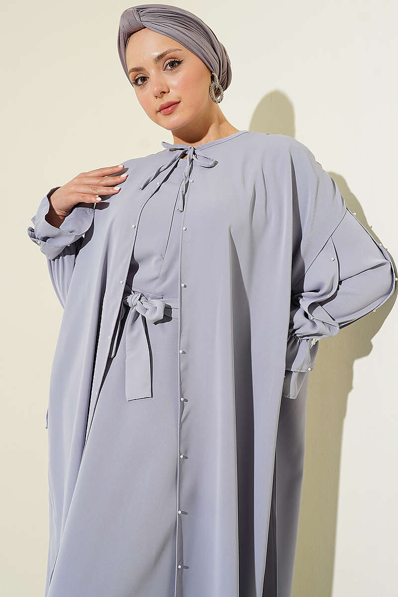 Cape Dress with Pearl Butterfly Detail - Grey