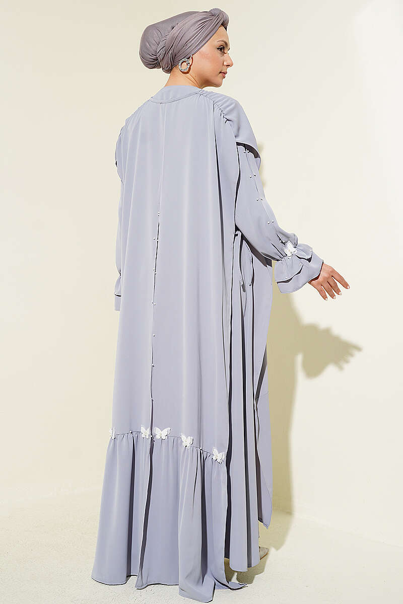 Cape Dress with Pearl Butterfly Detail - Grey
