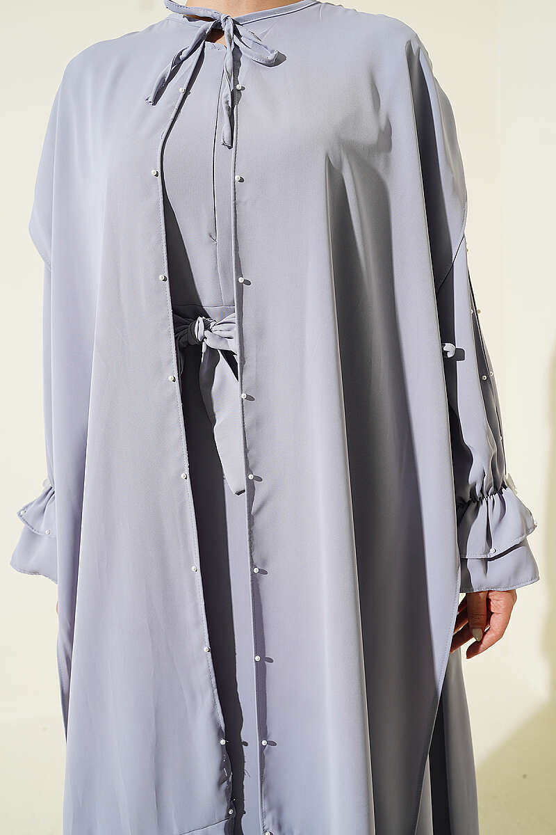 Cape Dress with Pearl Butterfly Detail - Grey