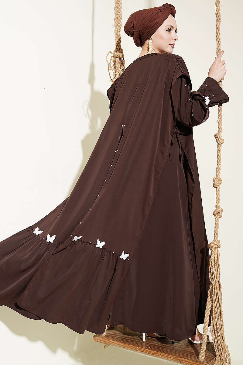 Cape Dress with Pearl Butterfly Detail - Brown