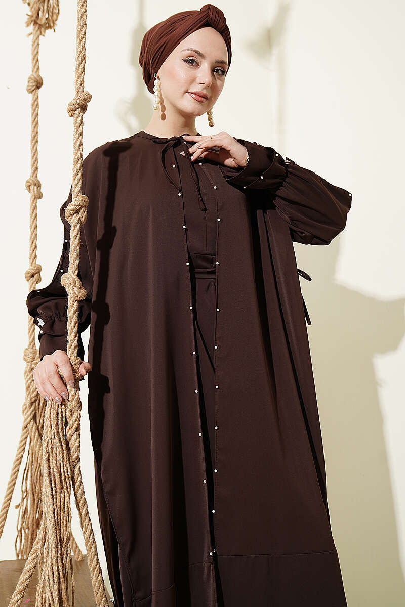 Cape Dress with Pearl Butterfly Detail - Brown