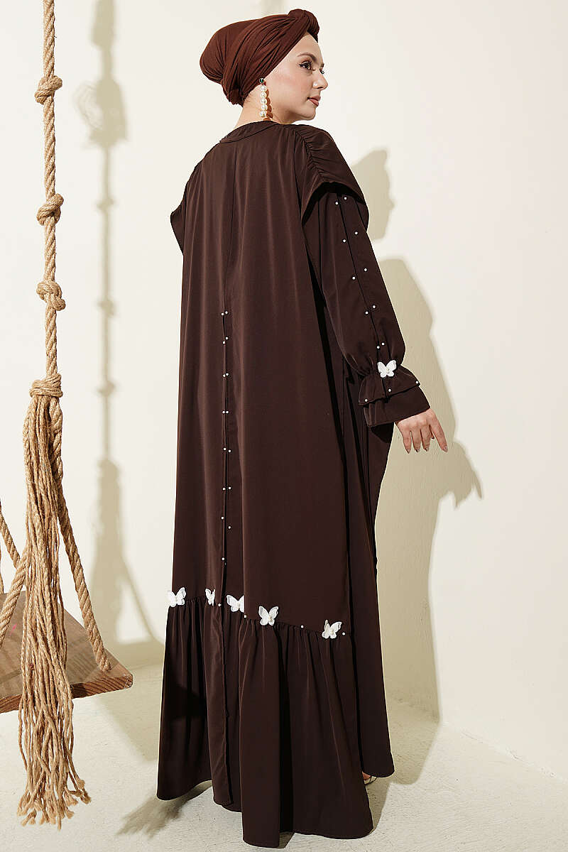 Cape Dress with Pearl Butterfly Detail - Brown