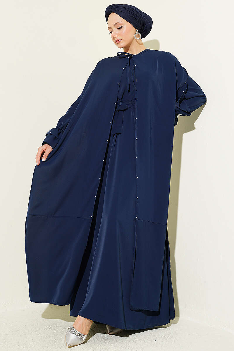 Cape Dress with Pearl Butterfly Detail - Navy