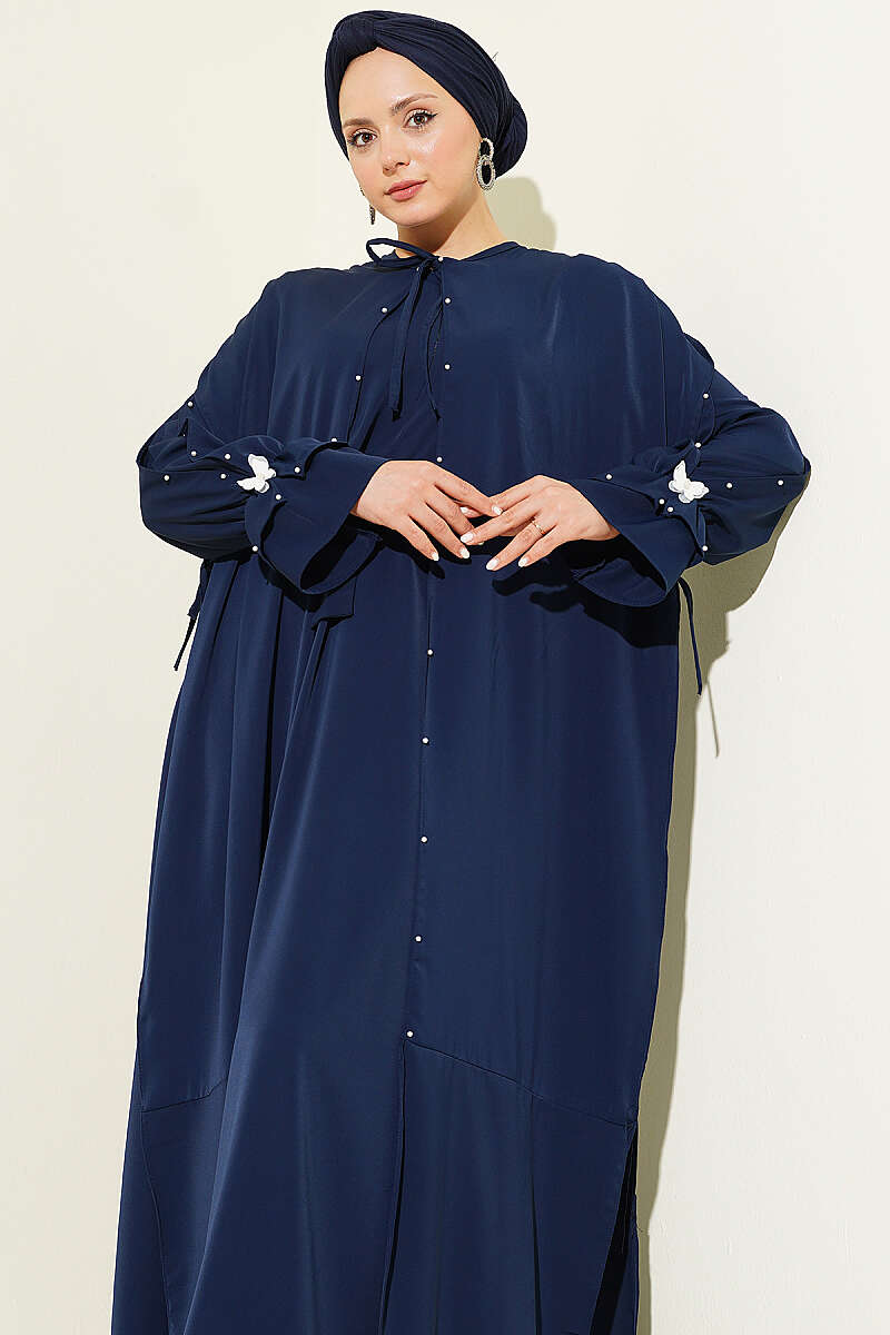 Cape Dress with Pearl Butterfly Detail - Navy