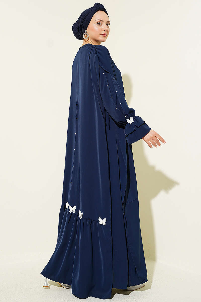 Cape Dress with Pearl Butterfly Detail - Navy