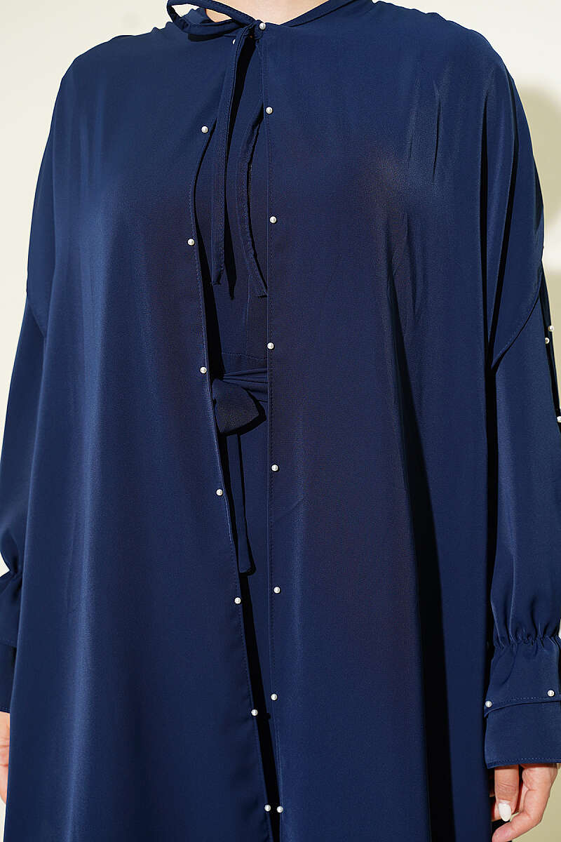 Cape Dress with Pearl Butterfly Detail - Navy