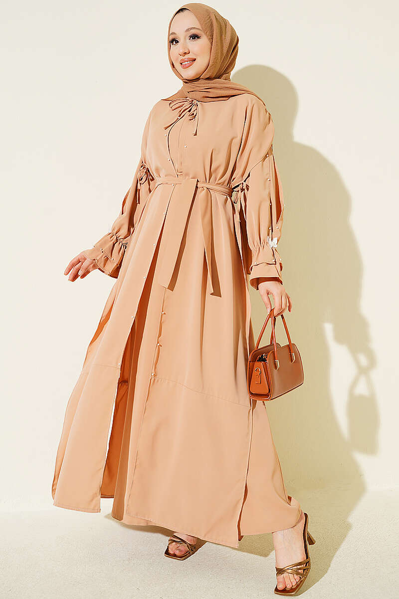 Cape Dress with Pearl Butterfly Detail - Latte