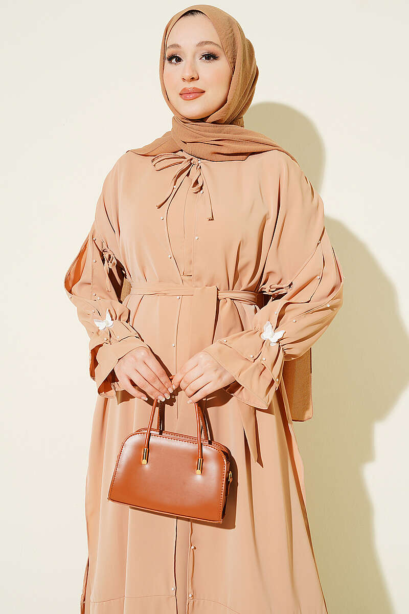 Cape Dress with Pearl Butterfly Detail - Latte