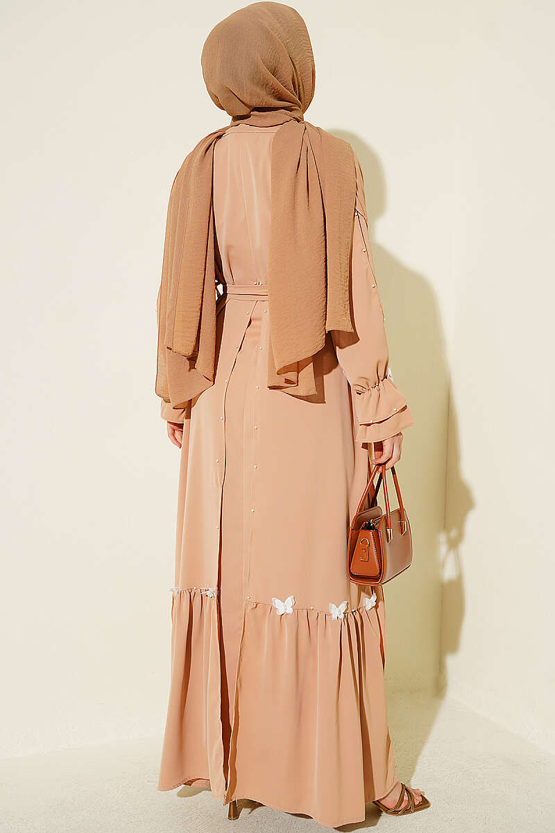Cape Dress with Pearl Butterfly Detail - Latte